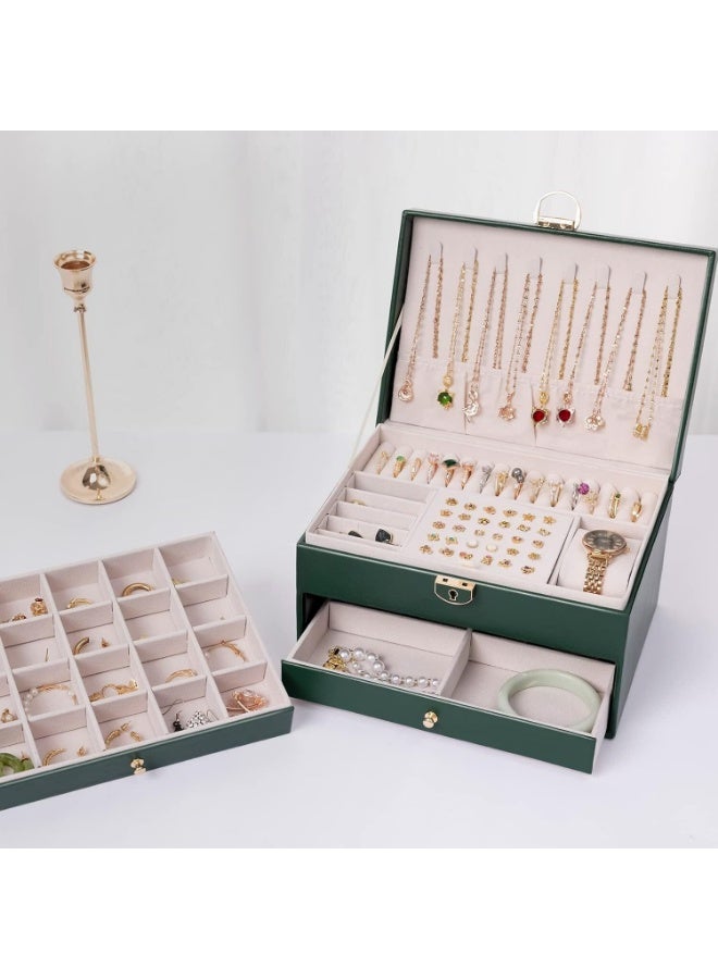 Jewelry organizer for women and girls, large three-tier jewelry storage box, faux leather jewelry display stand with removable tray for necklaces, earrings, rings and bracelets - Image 2